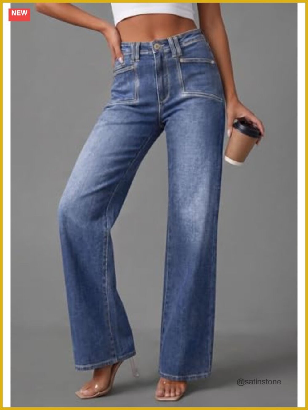 High Waisted Wide Leg Stretchy Denim Pants with Pockets - Picture 2 of 6